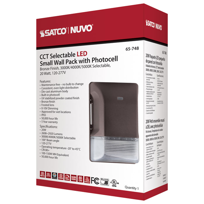 SATCO/NUVO LED Small Wall Pack 20W CCT Selectable 3000K/4000K/5000K Bronze Finish 100-277V (65-748)