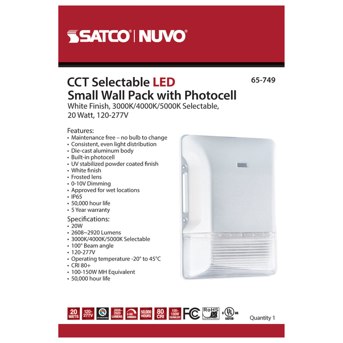 SATCO/NUVO LED Small Wall Pack 20W CCT Selectable 3000K/4000K/5000K White Finish 100-277V (65-749)