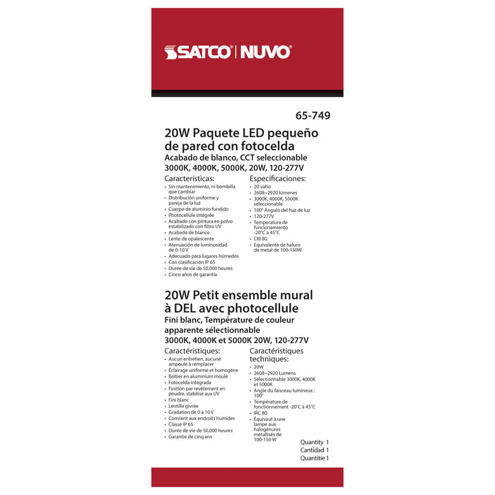 SATCO/NUVO LED Small Wall Pack 20W CCT Selectable 3000K/4000K/5000K White Finish 100-277V (65-749)