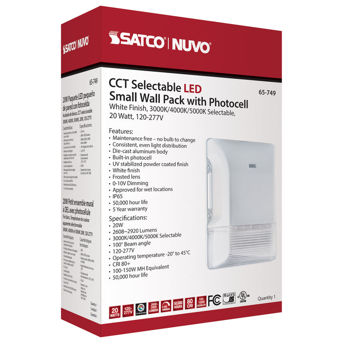 SATCO/NUVO LED Small Wall Pack 20W CCT Selectable 3000K/4000K/5000K White Finish 100-277V (65-749)