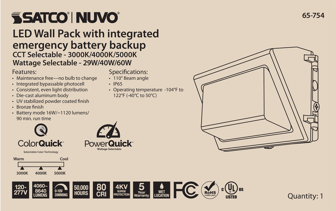 SATCO/NUVO Emergency Architectural LED Wall Pack CCT Selectable 3000K/4000K/5000K Wattage Adjustable Bypassable Photocell 120-277V (65-754)
