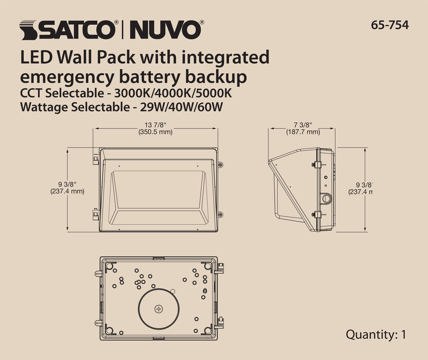SATCO/NUVO Emergency Architectural LED Wall Pack CCT Selectable 3000K/4000K/5000K Wattage Adjustable Bypassable Photocell 120-277V (65-754)