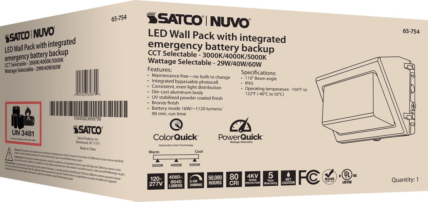 SATCO/NUVO Emergency Architectural LED Wall Pack CCT Selectable 3000K/4000K/5000K Wattage Adjustable Bypassable Photocell 120-277V (65-754)