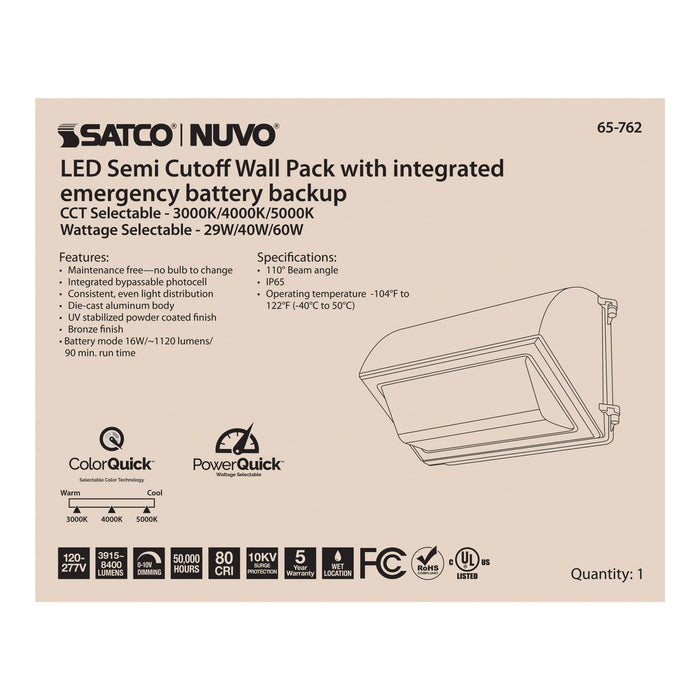 SATCO/NUVO Emergency LED Cutoff Wall Pack CCT Selectable 3000K/4000K/5000K Wattage Adjustable Bypassable Photocell 120-277V (65-762)