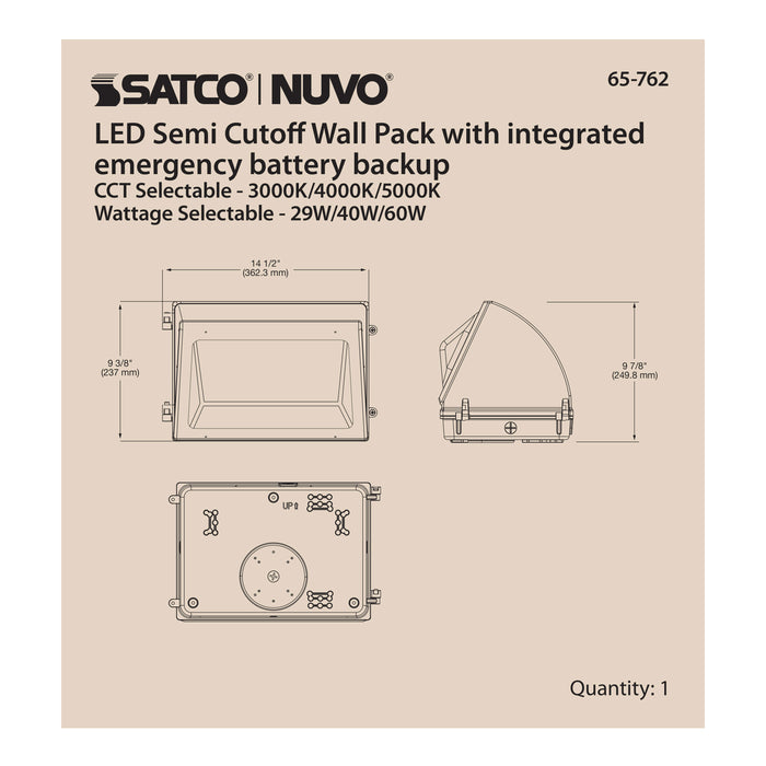 SATCO/NUVO Emergency LED Cutoff Wall Pack CCT Selectable 3000K/4000K/5000K Wattage Adjustable Bypassable Photocell 120-277V (65-762)
