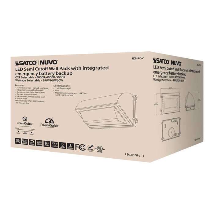 SATCO/NUVO Emergency LED Cutoff Wall Pack CCT Selectable 3000K/4000K/5000K Wattage Adjustable Bypassable Photocell 120-277V (65-762)