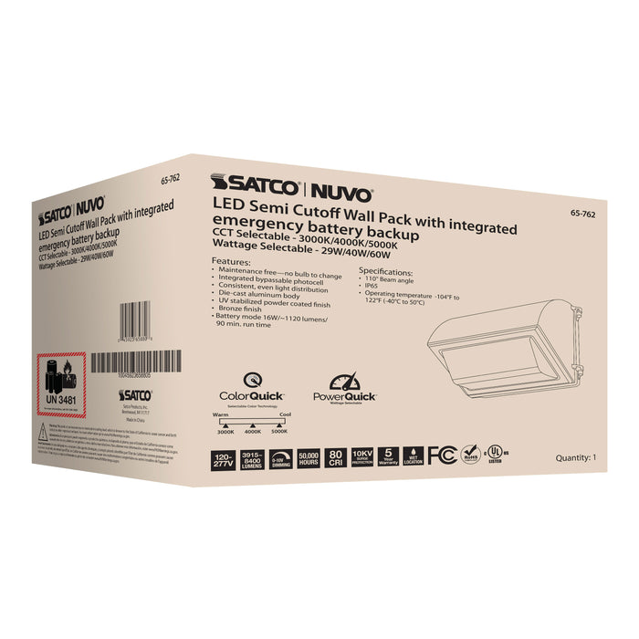 SATCO/NUVO Emergency LED Cutoff Wall Pack CCT Selectable 3000K/4000K/5000K Wattage Adjustable Bypassable Photocell 120-277V (65-762)