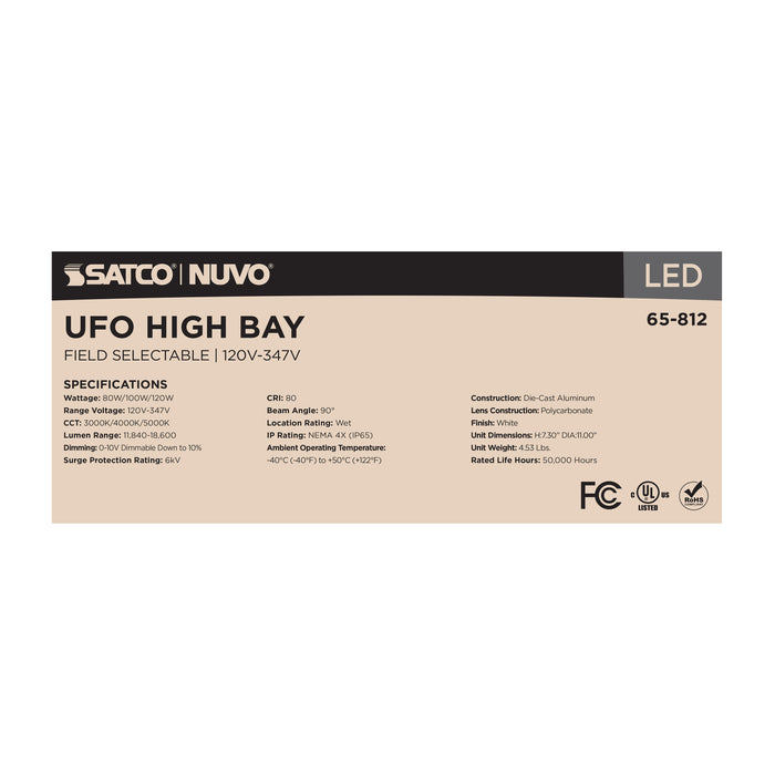 SATCO/NUVO LED UFO High Bay Wattage/CCT Selectable 80W/100W/120W 3000K/4000K/5000K 120-347V White Finish (65-812)