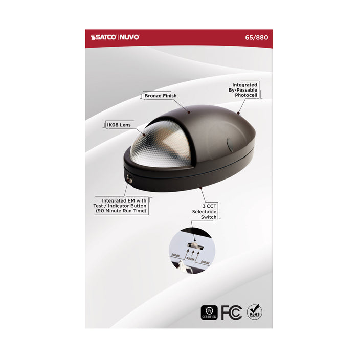 SATCO/NUVO 15W Oval Small Emergency Wall Pack LED CCT Selectable 3500K/4000K/5000K Photocell Bronze Finish (65-880)