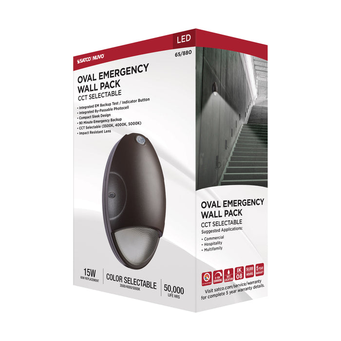 SATCO/NUVO 15W Oval Small Emergency Wall Pack LED CCT Selectable 3500K/4000K/5000K Photocell Bronze Finish (65-880)