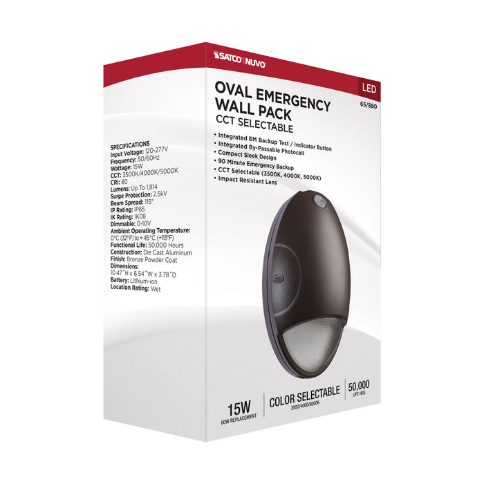 SATCO/NUVO 15W Oval Small Emergency Wall Pack LED CCT Selectable 3500K/4000K/5000K Photocell Bronze Finish (65-880)