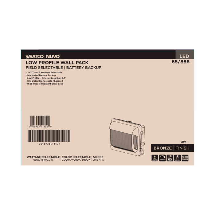 SATCO/NUVO LED Low Profile Wall Pack Wattage/CCT Selectable 30W/45W/60W 3000K/4000K/5000K Photocell Emergency Battery Bronze (Q3)