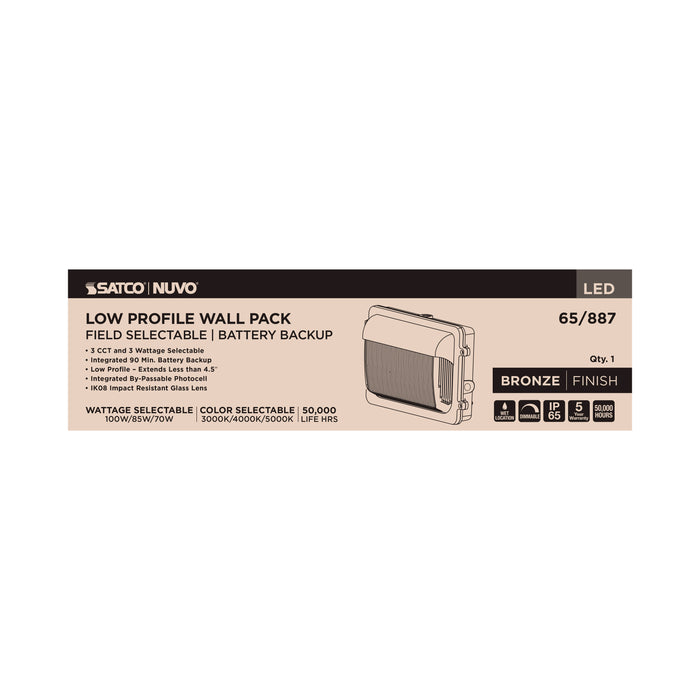 SATCO/NUVO LED Low Profile Wall Pack Wattage/CCT Selectable 70W/85W/100W 3000K/4000K/5000K Photocell Emergency Battery Bronze (Q3)