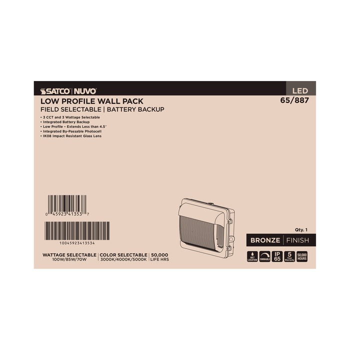 SATCO/NUVO LED Low Profile Wall Pack Wattage/CCT Selectable 70W/85W/100W 3000K/4000K/5000K Photocell Emergency Battery Bronze (Q3)