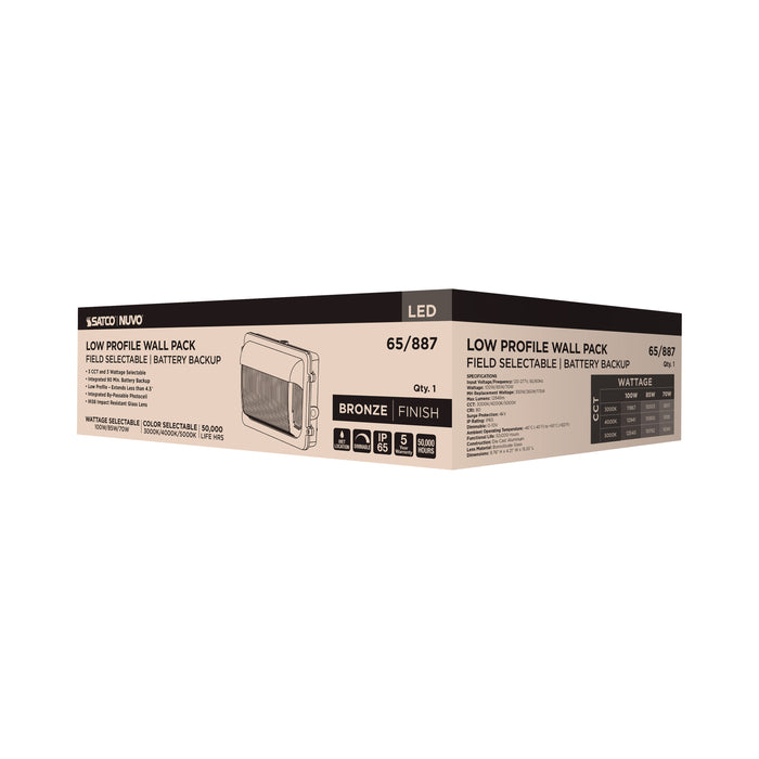 SATCO/NUVO LED Low Profile Wall Pack Wattage/CCT Selectable 70W/85W/100W 3000K/4000K/5000K Photocell Emergency Battery Bronze (Q3)