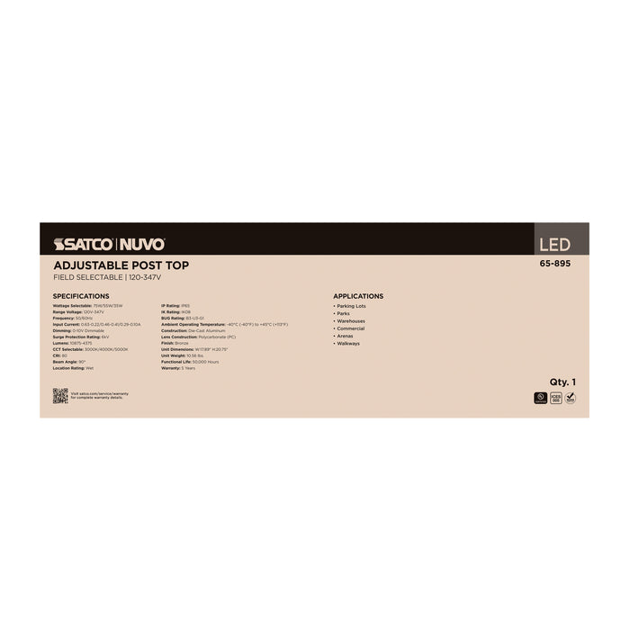 SATCO/NUVO LED Small Post Top Fixture Wattage/CCT Selectable 75W/55W/35W 3000K/4000K/5000K 120-347V Bronze (Q3)