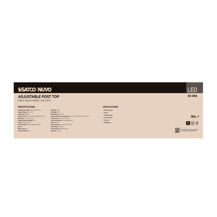 SATCO/NUVO LED Large Post Top Fixture Wattage/CCT Selectable 150W/125W/100W 3000K/4000K/5000K 120-347V Bronze (Q3)