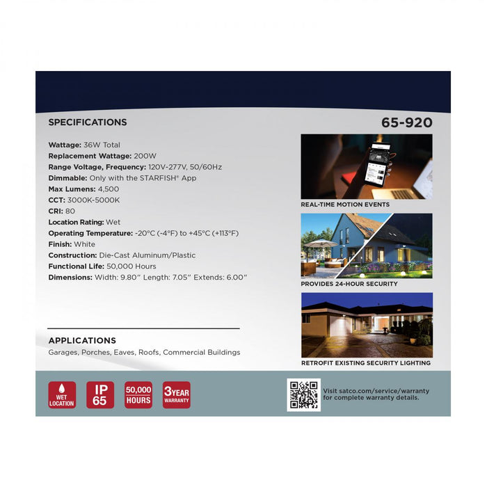 SATCO/NUVO 36W Rectangular Outdoor Smart Security Light With Camera Starfish Enabled Tunable White-White Finish (65-920)