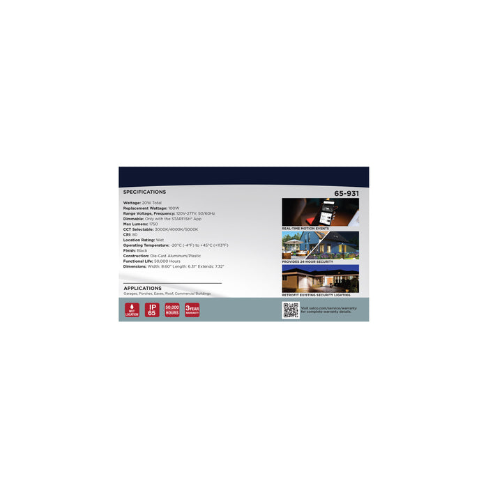 SATCO/NUVO 20W Bullet Outdoor Smart Security Light With Camera Starfish Enabled CCT Selectable 3000K/4000K/5000K Black Finish (65-931)