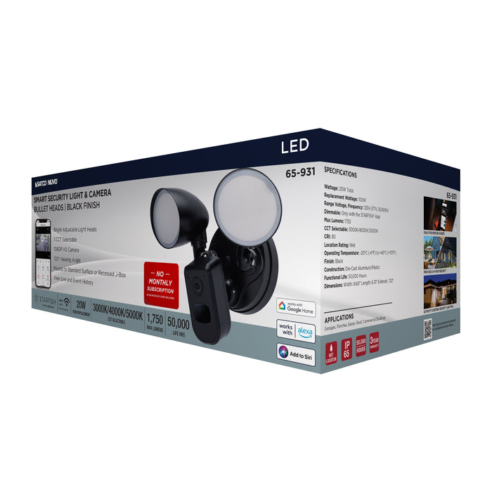 SATCO/NUVO 20W Bullet Outdoor Smart Security Light With Camera Starfish Enabled CCT Selectable 3000K/4000K/5000K Black Finish (65-931)