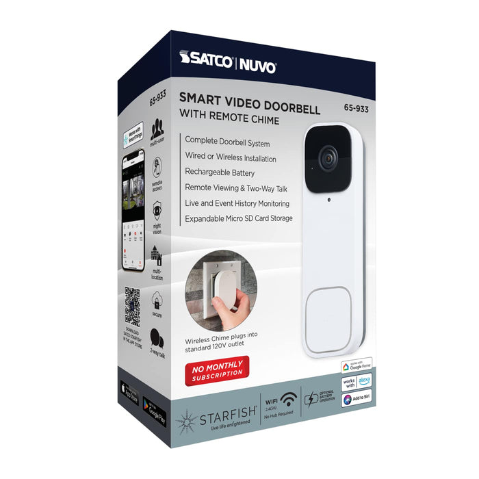 SATCO/NUVO Smart Doorbell Security Camera Wired White With White Chime Starfish Enabled (65-933)