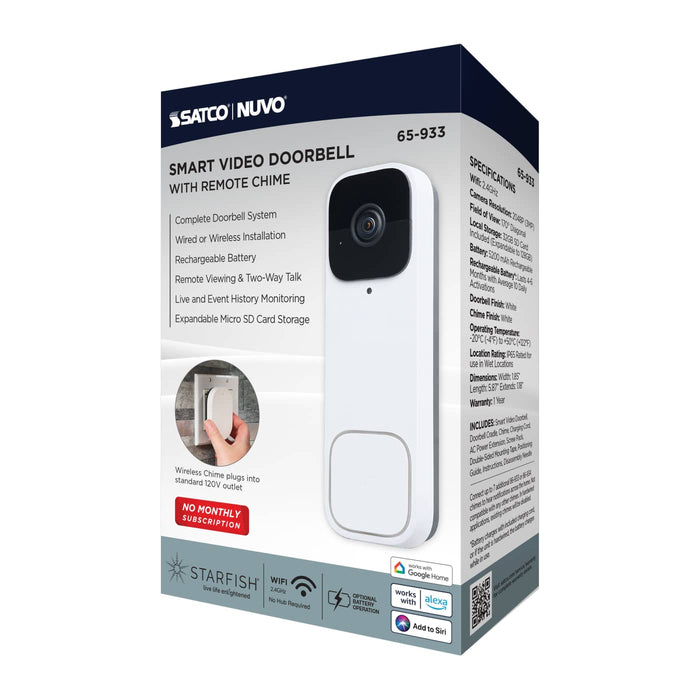 SATCO/NUVO Smart Doorbell Security Camera Wired White With White Chime Starfish Enabled (65-933)