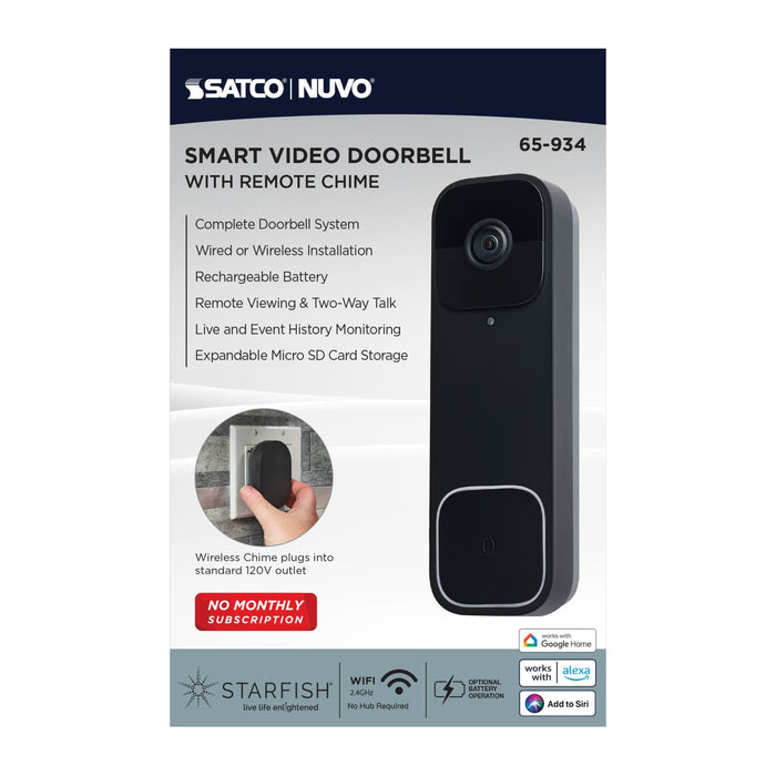 SATCO/NUVO Smart Doorbell Security Camera Wired Black With Black Chime Starfish Enabled (65-934)