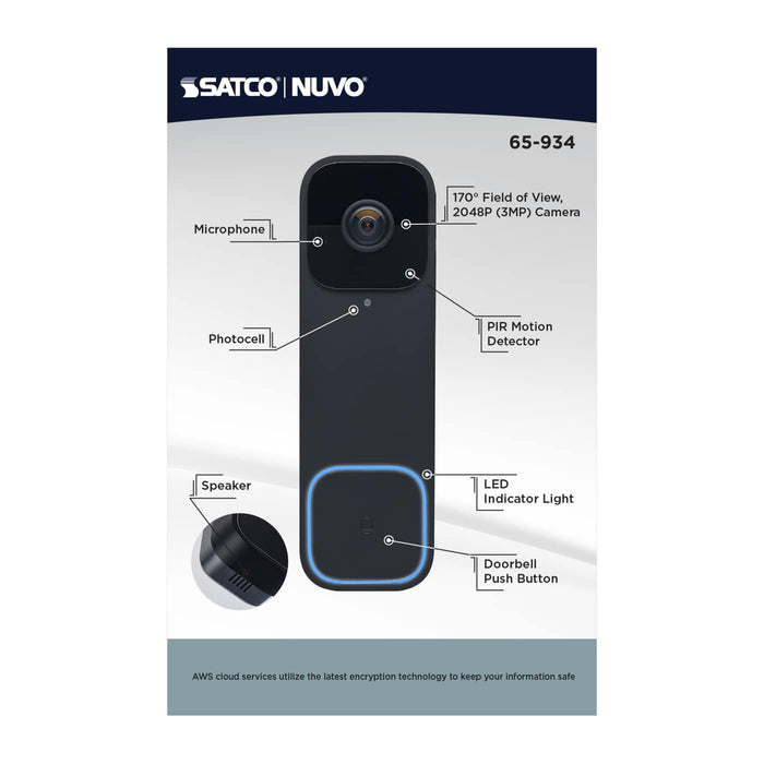 SATCO/NUVO Smart Doorbell Security Camera Wired Black With Black Chime Starfish Enabled (65-934)