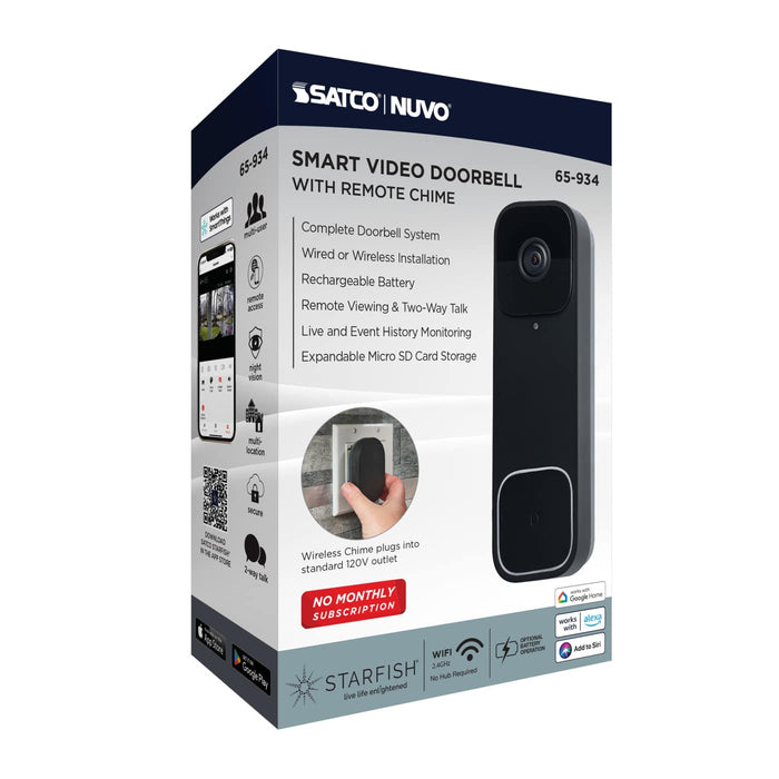SATCO/NUVO Smart Doorbell Security Camera Wired Black With Black Chime Starfish Enabled (65-934)