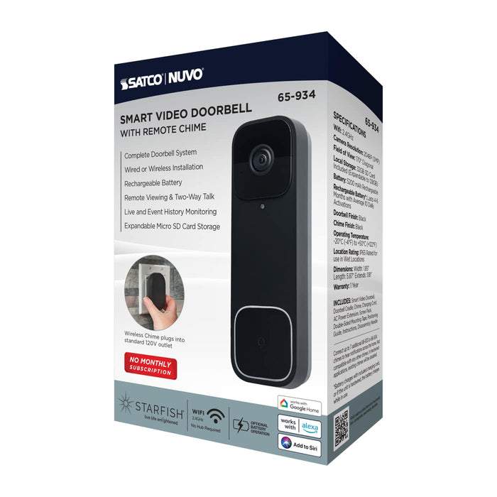 SATCO/NUVO Smart Doorbell Security Camera Wired Black With Black Chime Starfish Enabled (65-934)