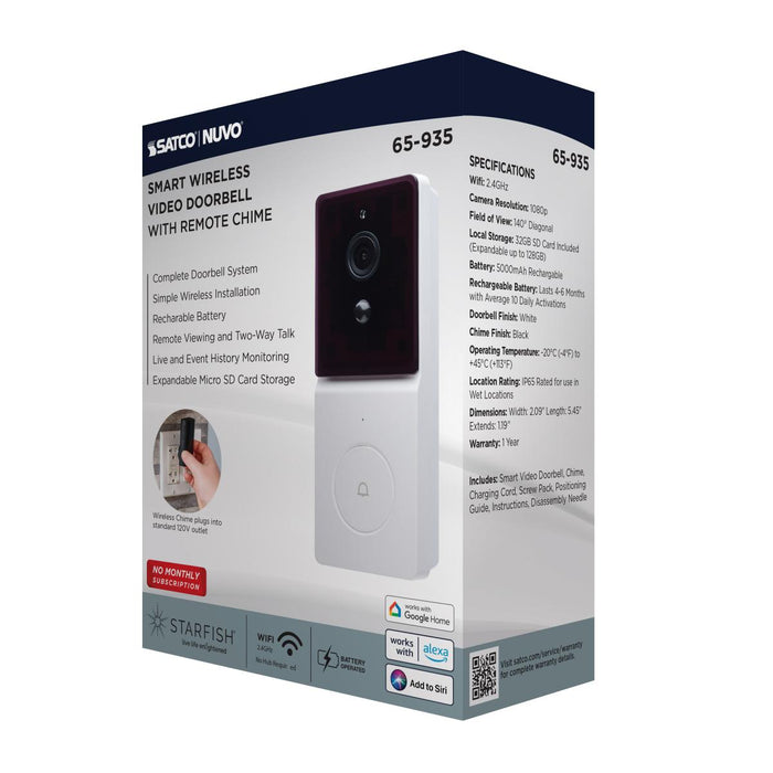 SATCO/NUVO Starfish Smart Doorbell Security Camera White Doorbell With Black Chime (65-935)