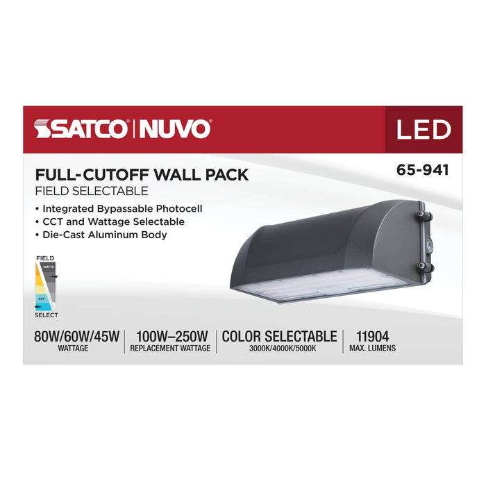 SATCO/NUVO LED Full Cutoff Wall Pack Wattage/CCT Selectable 45W/60W/80W 3000K/4000K/5000K 80 CRI Dimmable 120-277V Bronze Finish (65-941)