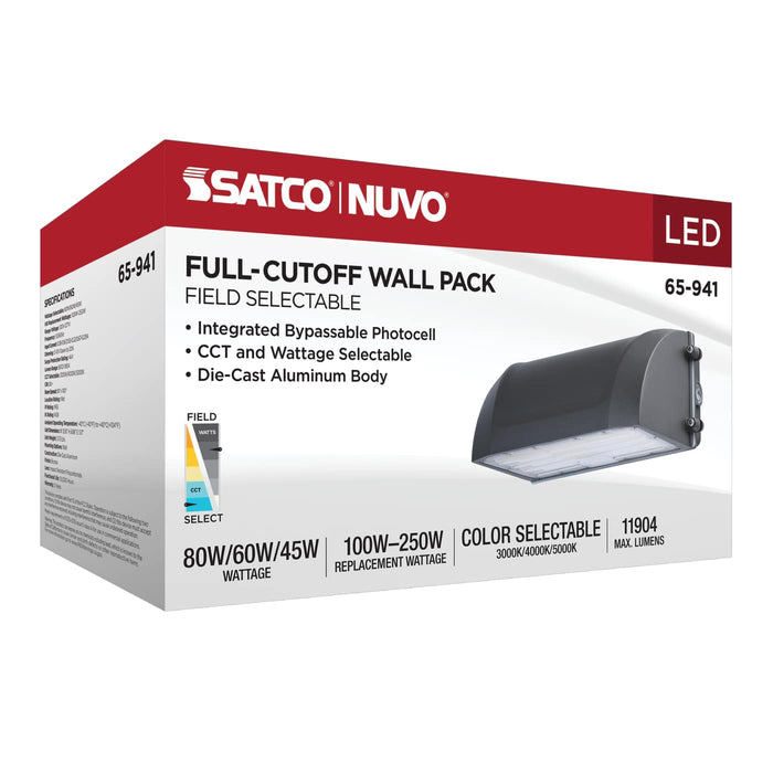 SATCO/NUVO LED Full Cutoff Wall Pack Wattage/CCT Selectable 45W/60W/80W 3000K/4000K/5000K 80 CRI Dimmable 120-277V Bronze Finish (65-941)