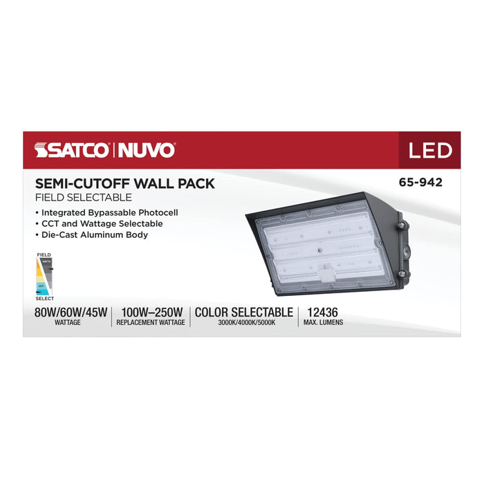 SATCO/NUVO LED Semi Cutoff Wall Pack Wattage/CCT Selectable 45W/60W/80W 3000K/4000K/5000K 80 CRI Dimmable 120-277V Bronze Finish (65-942)