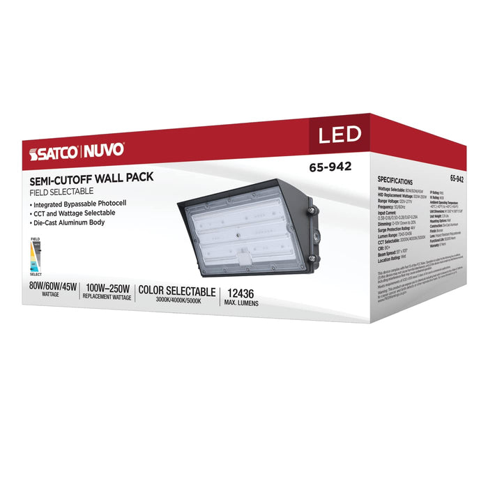 SATCO/NUVO LED Semi Cutoff Wall Pack Wattage/CCT Selectable 45W/60W/80W 3000K/4000K/5000K 80 CRI Dimmable 120-277V Bronze Finish (65-942)