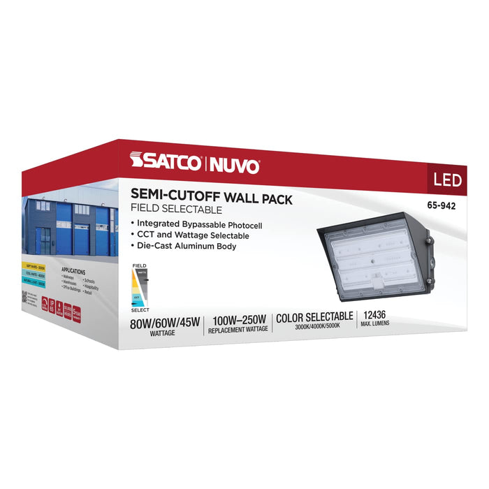 SATCO/NUVO LED Semi Cutoff Wall Pack Wattage/CCT Selectable 45W/60W/80W 3000K/4000K/5000K 80 CRI Dimmable 120-277V Bronze Finish (65-942)
