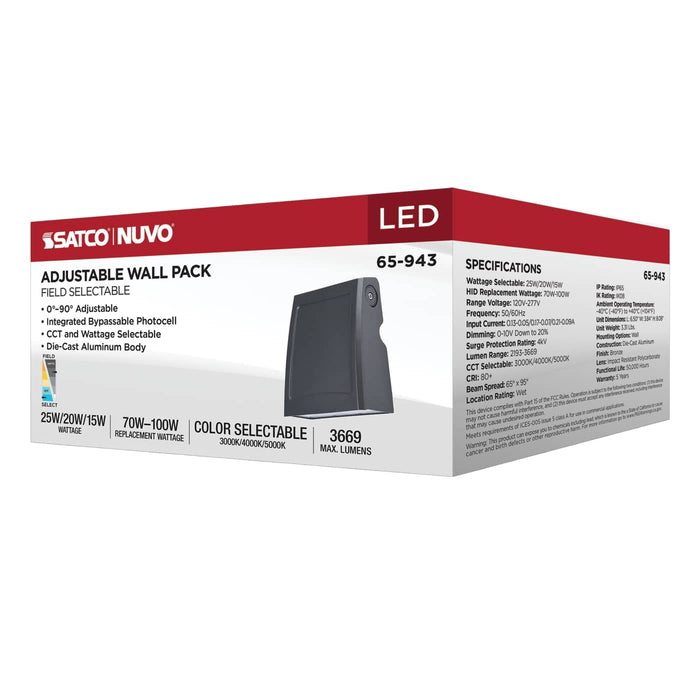 SATCO/NUVO LED Small Wall Pack Wattage/CCT Selectable 15W/20W/25W 3000K/4000K/5000K 80 CRI Dimmable 120-277V Bronze Finish (65-943)