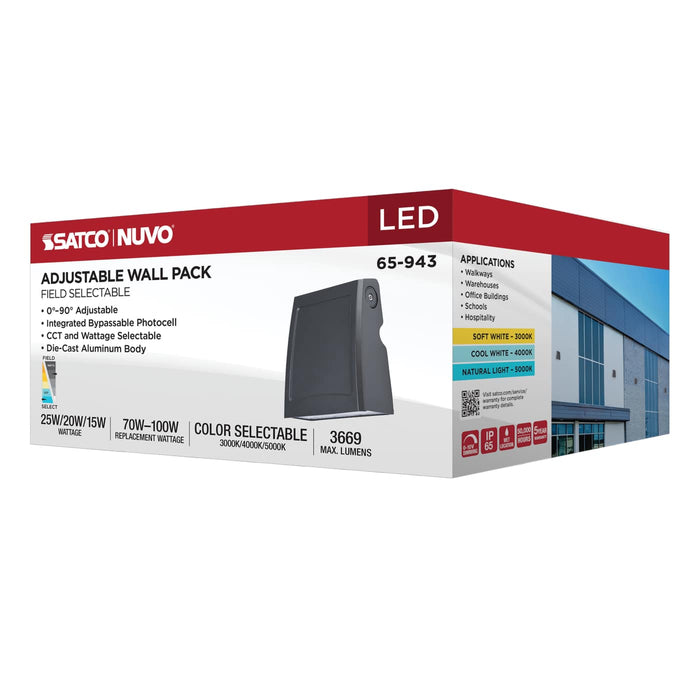 SATCO/NUVO LED Small Wall Pack Wattage/CCT Selectable 15W/20W/25W 3000K/4000K/5000K 80 CRI Dimmable 120-277V Bronze Finish (65-943)