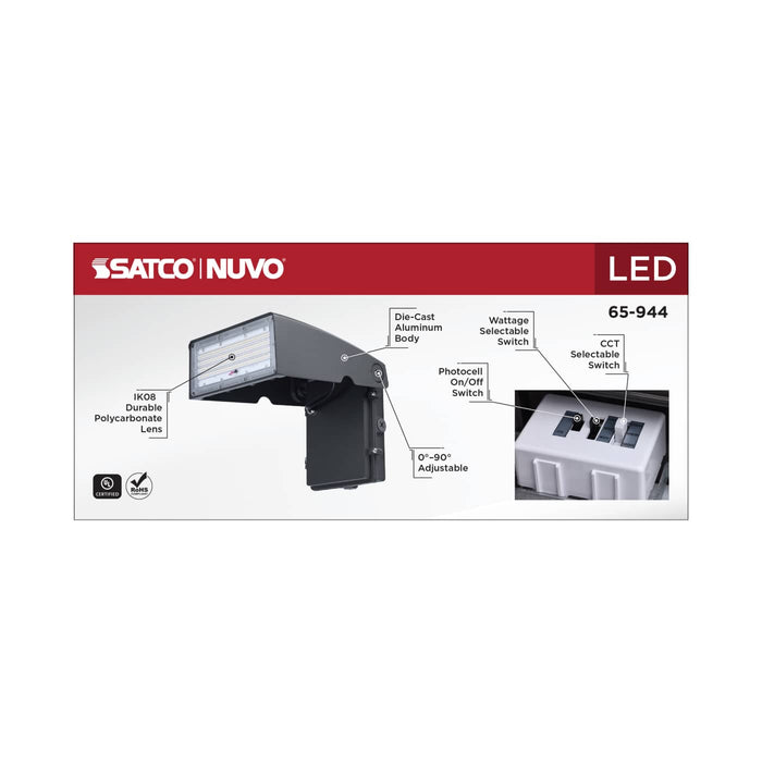 SATCO/NUVO LED Large Wall Pack Wattage/CCT Selectable 45W/60W/80W 3000K/4000K/5000K 80 CRI Dimmable 120-277V Bronze Finish (65-944)