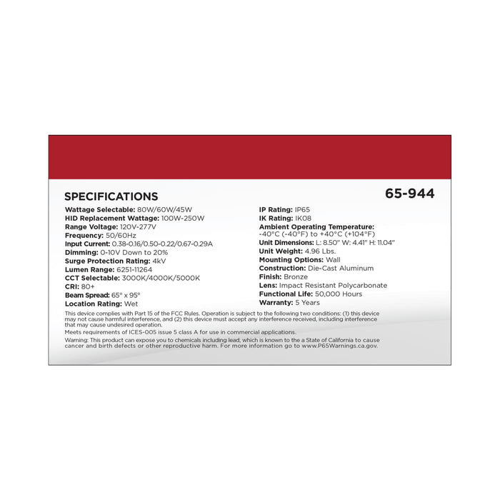 SATCO/NUVO LED Large Wall Pack Wattage/CCT Selectable 45W/60W/80W 3000K/4000K/5000K 80 CRI Dimmable 120-277V Bronze Finish (65-944)