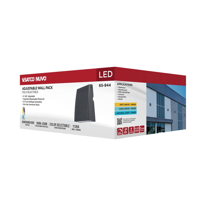 SATCO/NUVO LED Large Wall Pack Wattage/CCT Selectable 45W/60W/80W 3000K/4000K/5000K 80 CRI Dimmable 120-277V Bronze Finish (65-944)