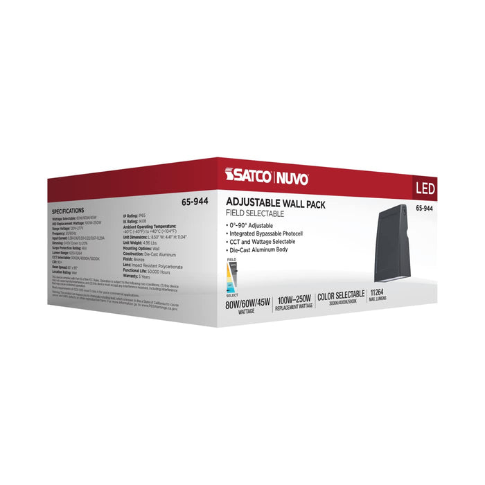 SATCO/NUVO LED Large Wall Pack Wattage/CCT Selectable 45W/60W/80W 3000K/4000K/5000K 80 CRI Dimmable 120-277V Bronze Finish (65-944)