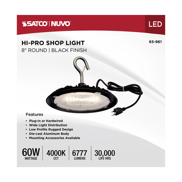 SATCO/NUVO 60W Hi-Pro Shop Light With Plug 8 Inch 4000K Black Finish 120V (65-961)