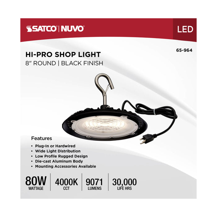 SATCO/NUVO 80W Hi-Pro Shop Light With Plug 8 Inch 4000K Black Finish 120V (65-964)