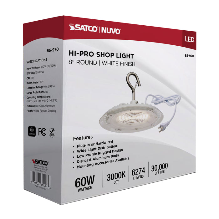 SATCO/NUVO 60W Hi-Pro Shop Light With Plug 8 Inch 3000K White Finish 120V (65-970)