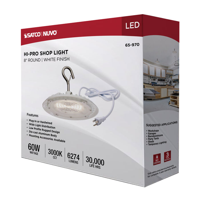 SATCO/NUVO 60W Hi-Pro Shop Light With Plug 8 Inch 3000K White Finish 120V (65-970)
