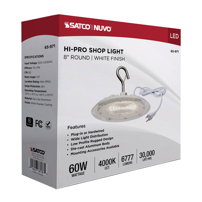 SATCO/NUVO 60W Hi-Pro Shop Light With Plug 8 Inch 4000K White Finish 120V (65-971)