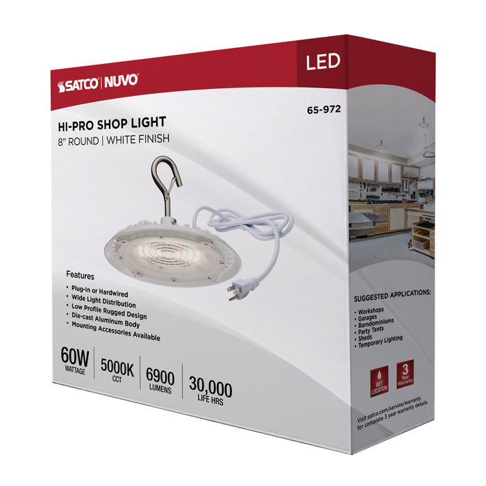 SATCO/NUVO 60W Hi-Pro Shop Light With Plug 8 Inch 5000K White Finish 120V (65-972)
