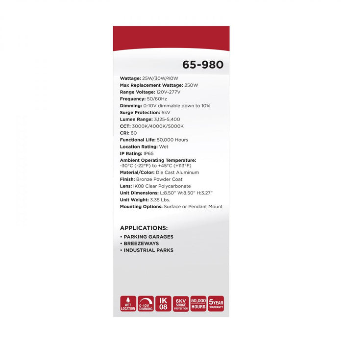 SATCO/NUVO 8.5 Inch LED Field Selectable Canopy Fixture 25W/30W/40W 3000K/4000K/5000K (65-980)