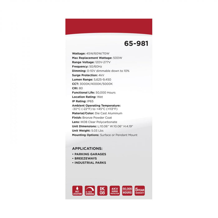 SATCO/NUVO 10 Inch LED Field Selectable Canopy Fixture 45W/60W/70W 3000K/4000K/5000K (65-981)